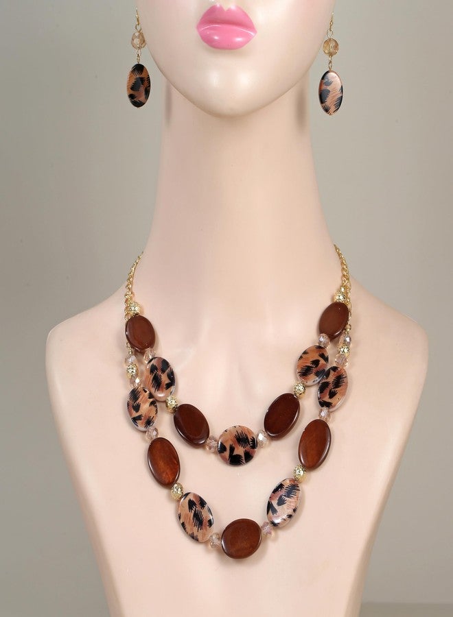 Xalroco 2 Layered Chunky Beaded Shell Necklace for Women Sea Shell Leopard Brown Statement Necklace and Earring Set Elegant Women Jewelry Sets (leopard brown) - Image 2